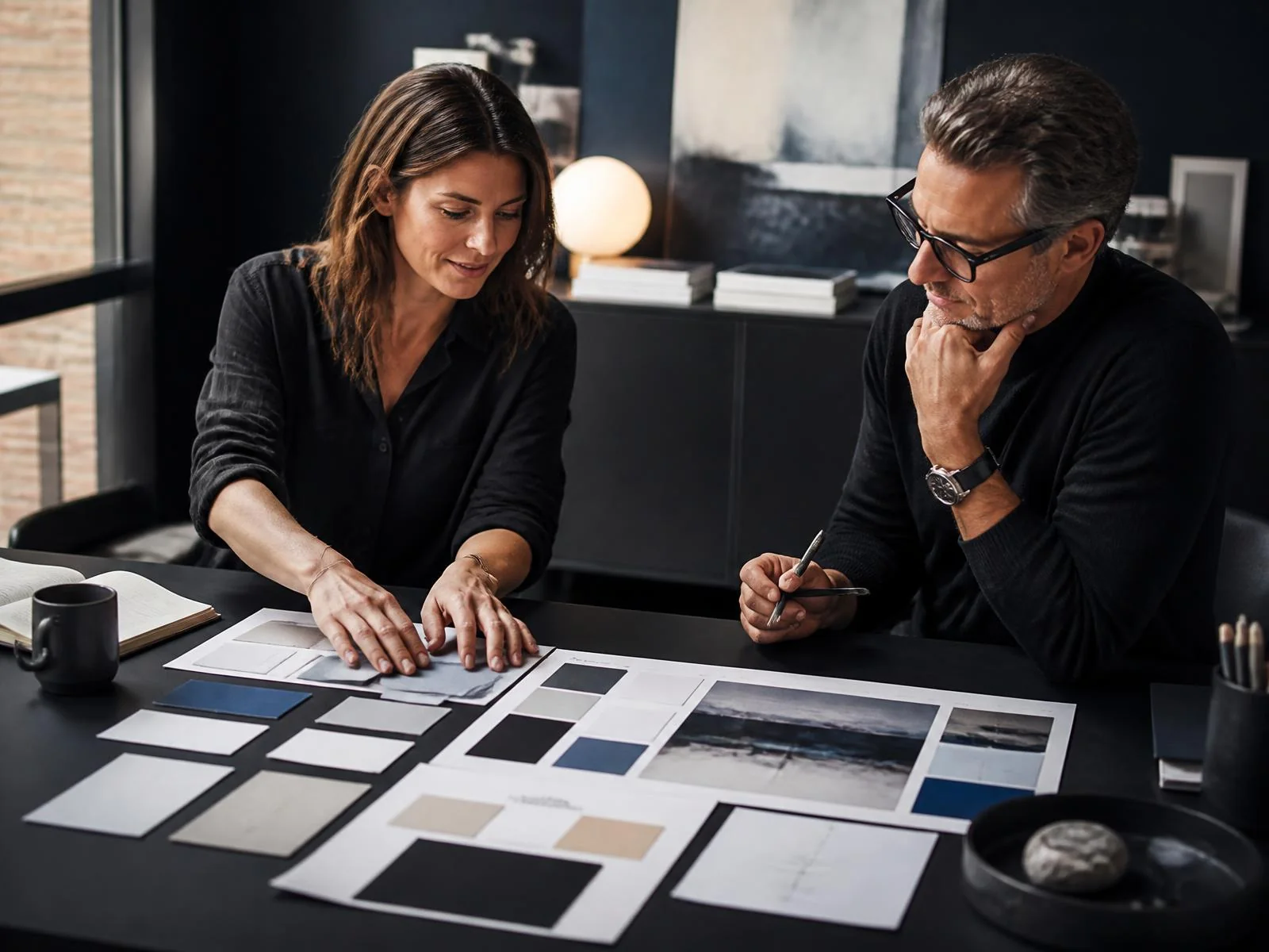 A founder and strategist reviewing positioning materials and a brand mood board in a dark creative studio