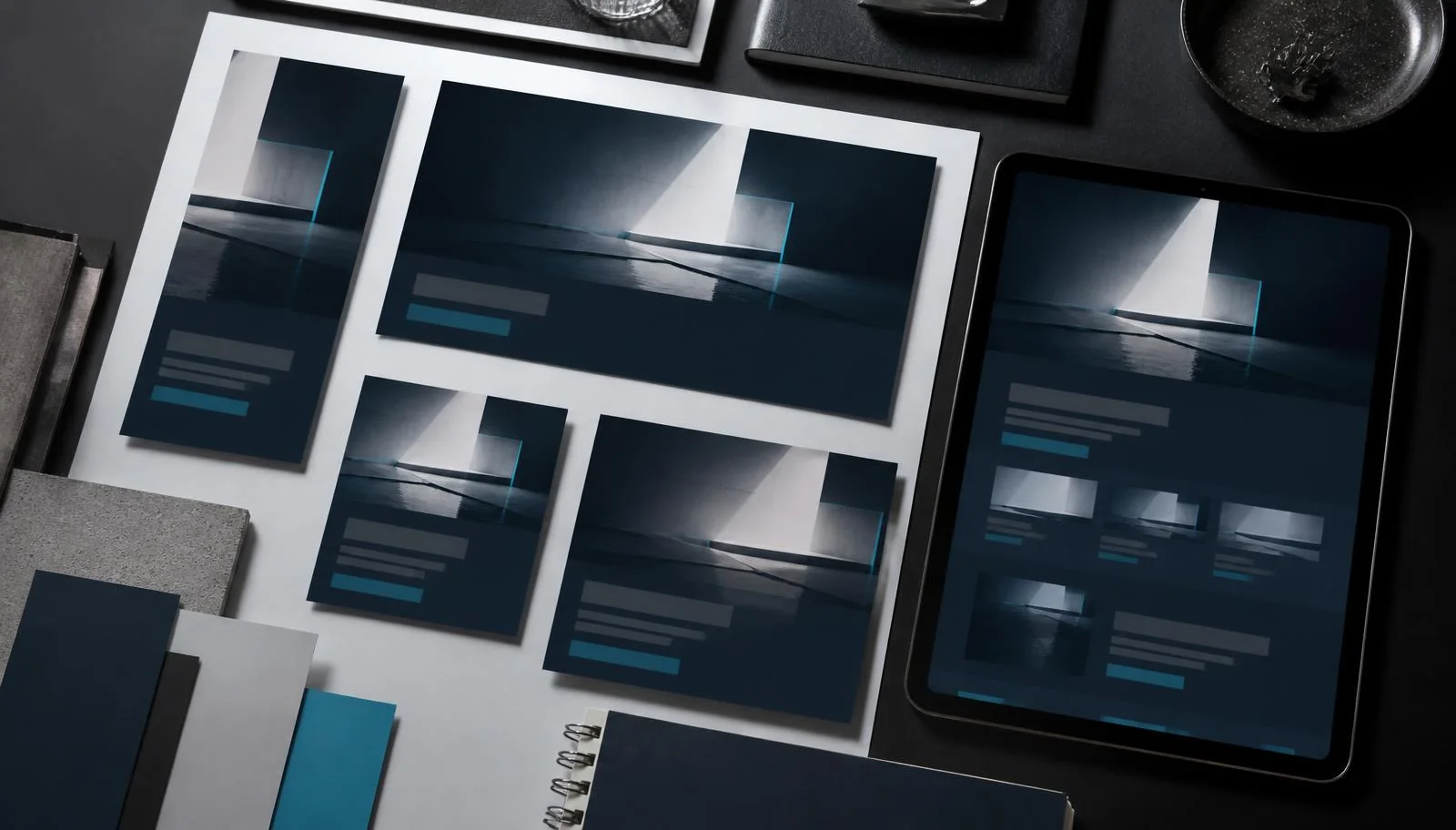 Coordinated advertisement formats arranged beside a matching landing-page design